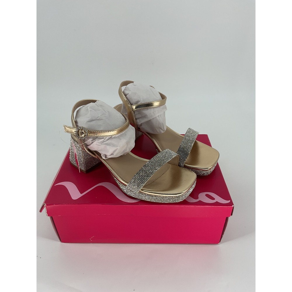 Nina Marysol Kids Gold Metallic Rhinestone Block Heel Platform Sandals Size 4M